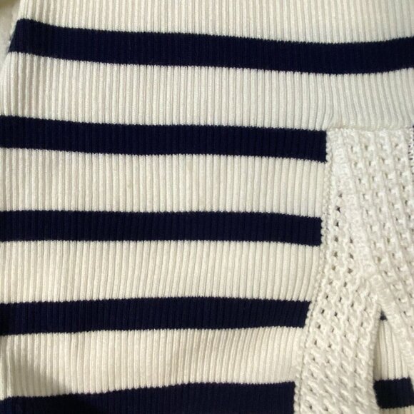 $695 CAROLINE CONSTAS Knit Stretch Midi Dress Striped White/Navy Bodycon L - Picture 9 of 11
